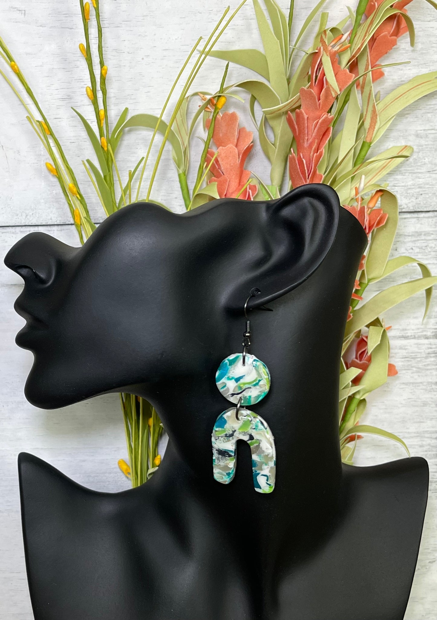 Blue Green Marble Arch and Circle Earrings - Unique Handmade Clay Statement Earrings