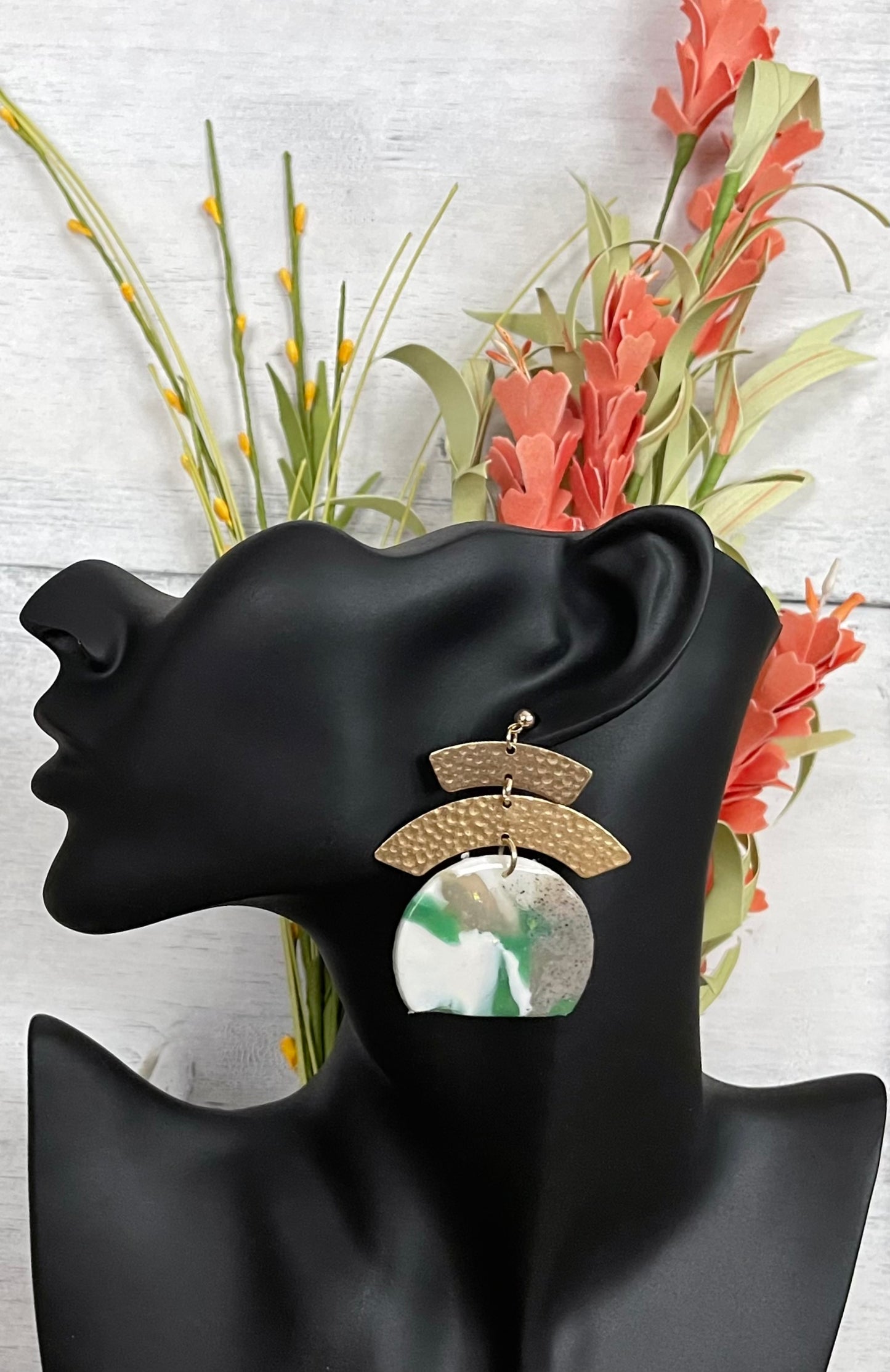 Blue Green Marble Semi-Circle and Hammered Metal Earrings - Unique Handmade Clay Statement Earrings