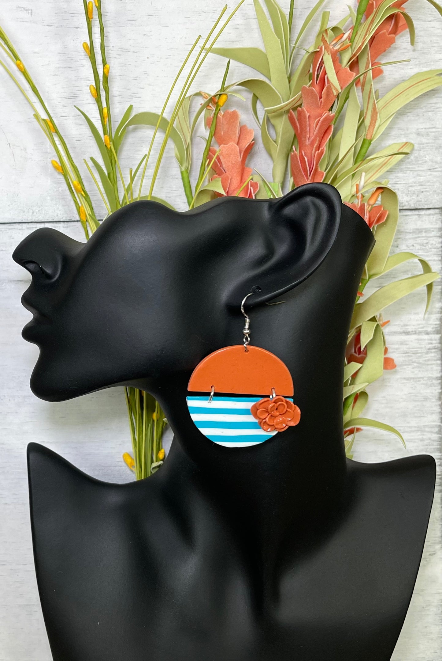 Burnt Orange and Striped Circle Earrings with Flower - Unique Handmade Clay Statement Earrings