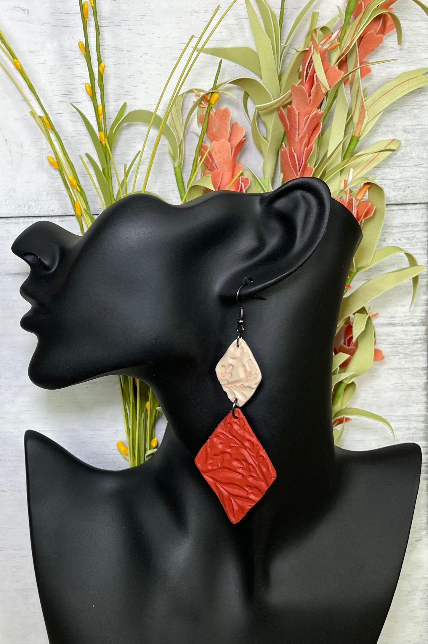 Tan and Red Faux Leather Floral Stamp Earrings with Black Hardware - Unique Handmade Clay Statement Earrings