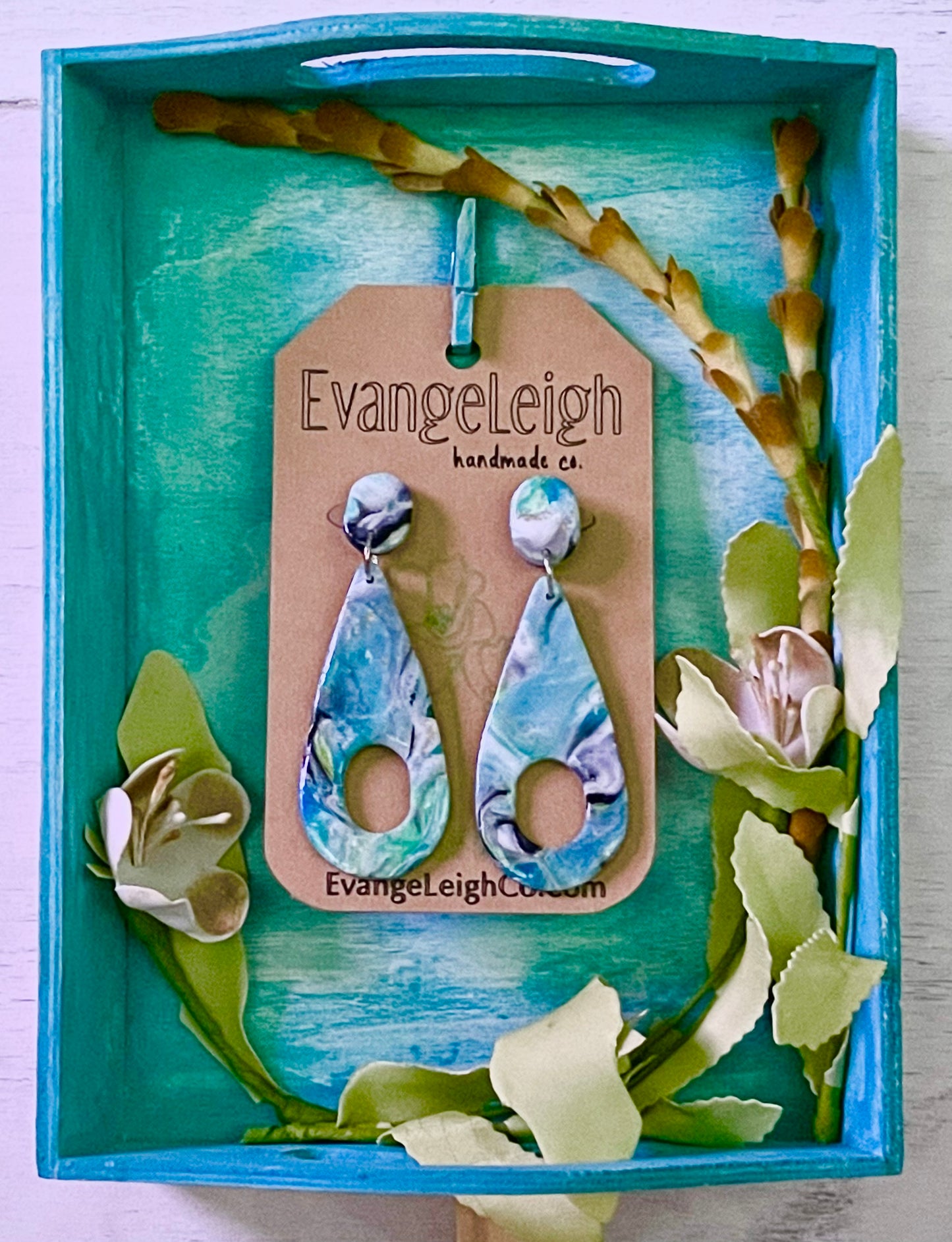 Blue Green Marble Large Cut-out Teardrop Earrings - Unique Handmade Clay Statement Earrings