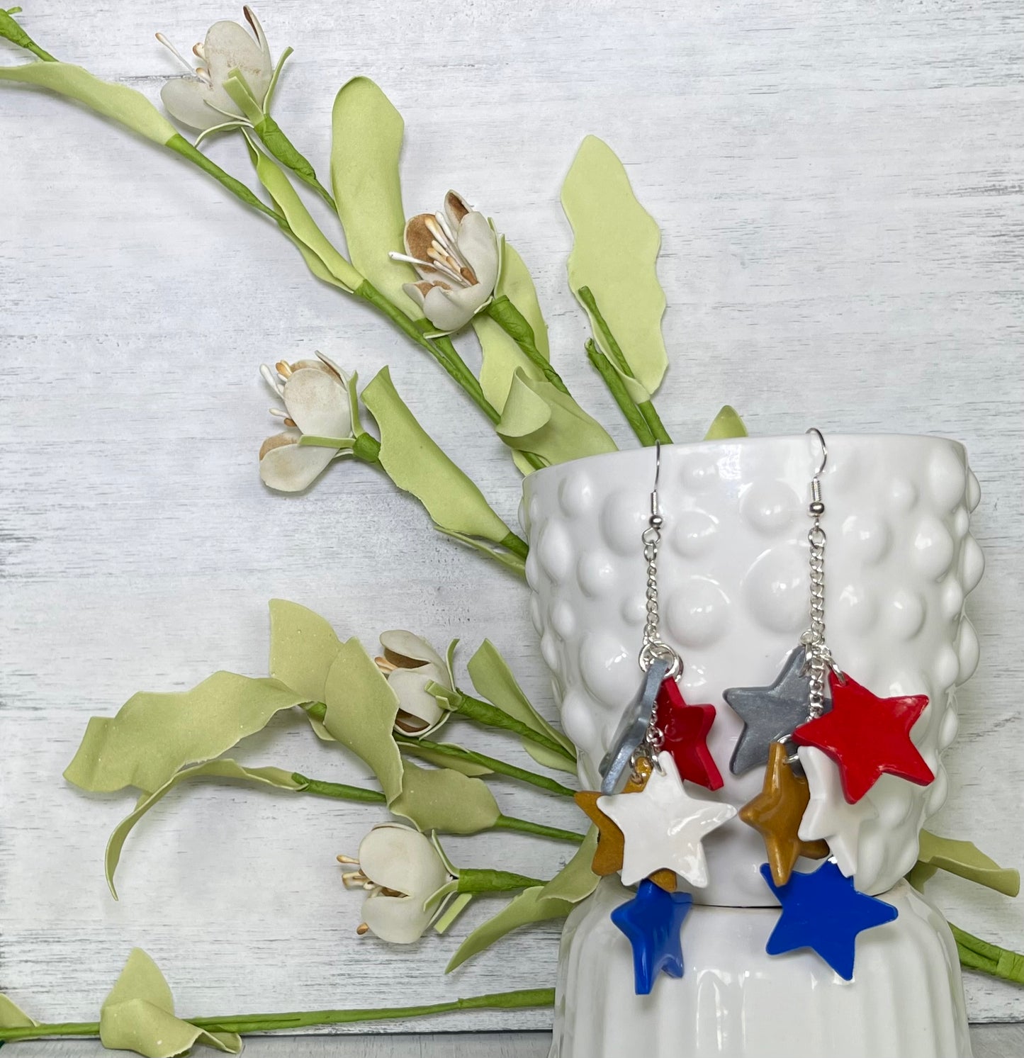 Red, White and Blue Star Dangle Earrings - Unique Handmade Clay Statement Earrings