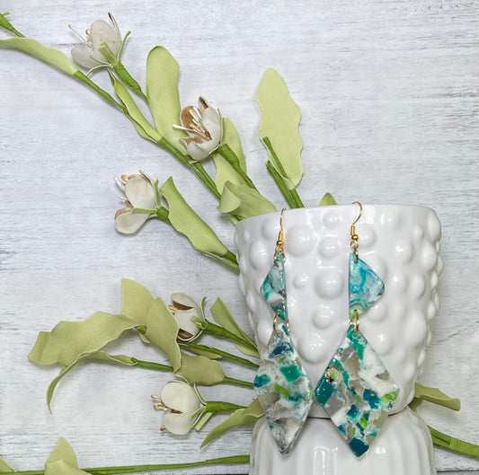 Blue Green Marble Triangle and Large Diamond Earrings - Unique Handmade Clay Statement Earrings