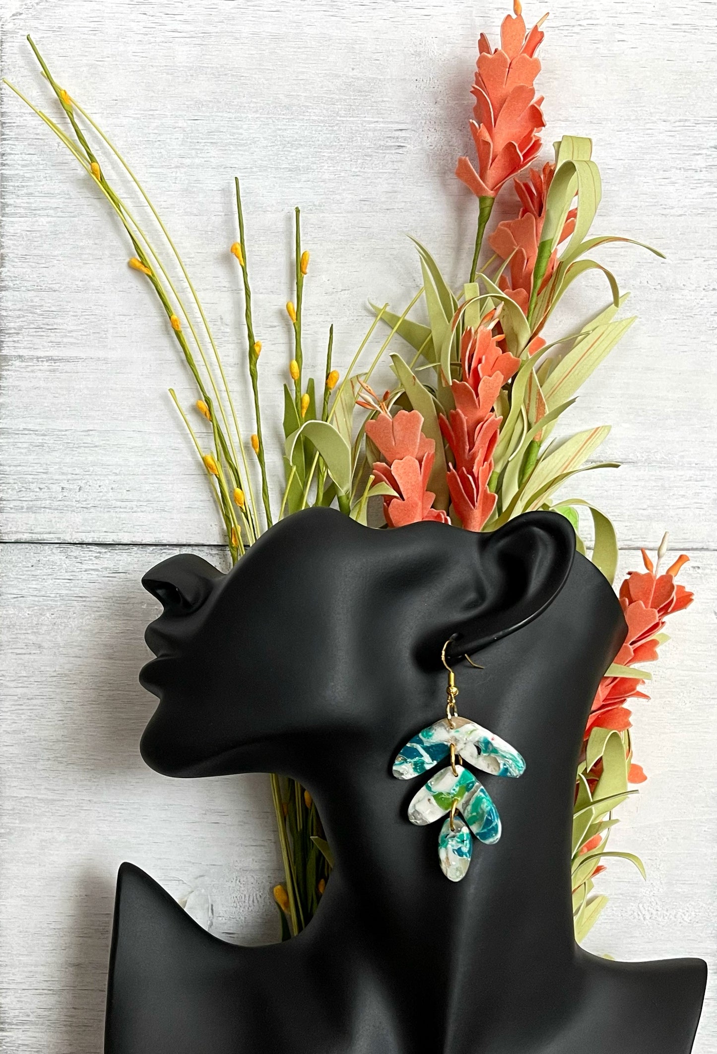 Blue Green Marble 3 Tier Earrings - Unique Handmade Clay Statement Earrings