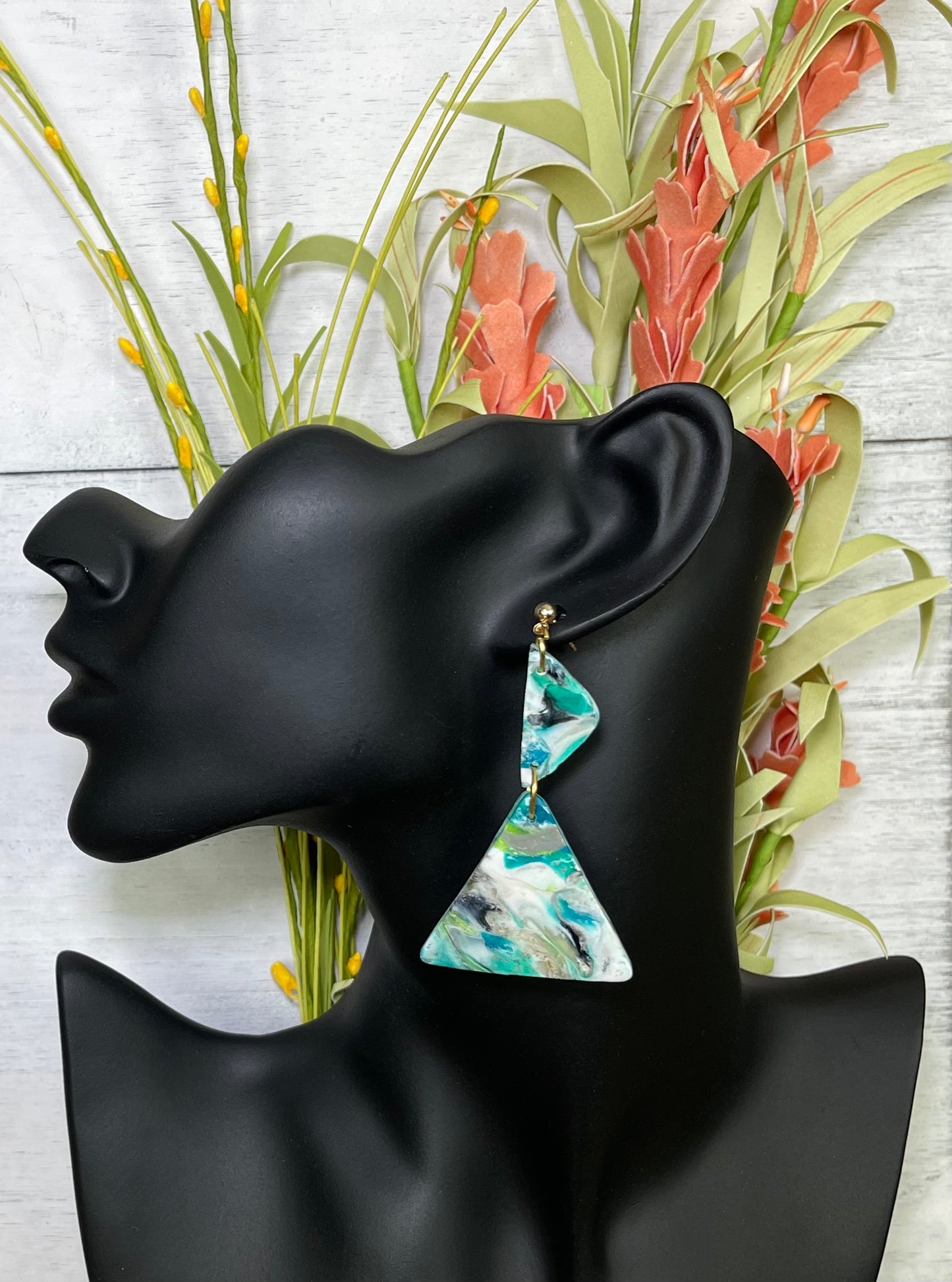 Blue Green Marble Double Triangles Earrings - Unique Handmade Clay Statement Earrings