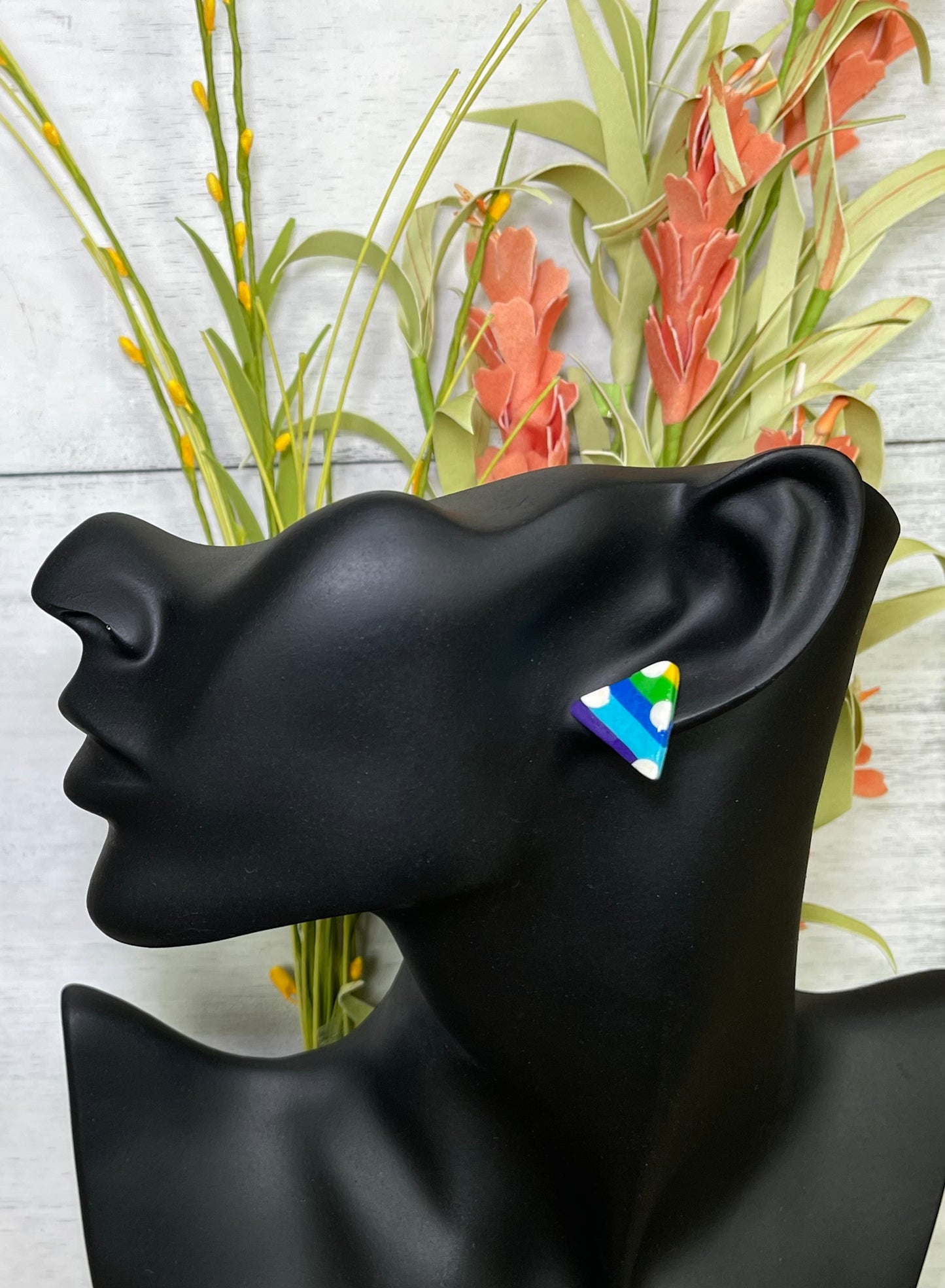 Over-sized Stud Rainbow and Polka Dot Triangle Earrings - Unique Handmade Clay Statement Earrings