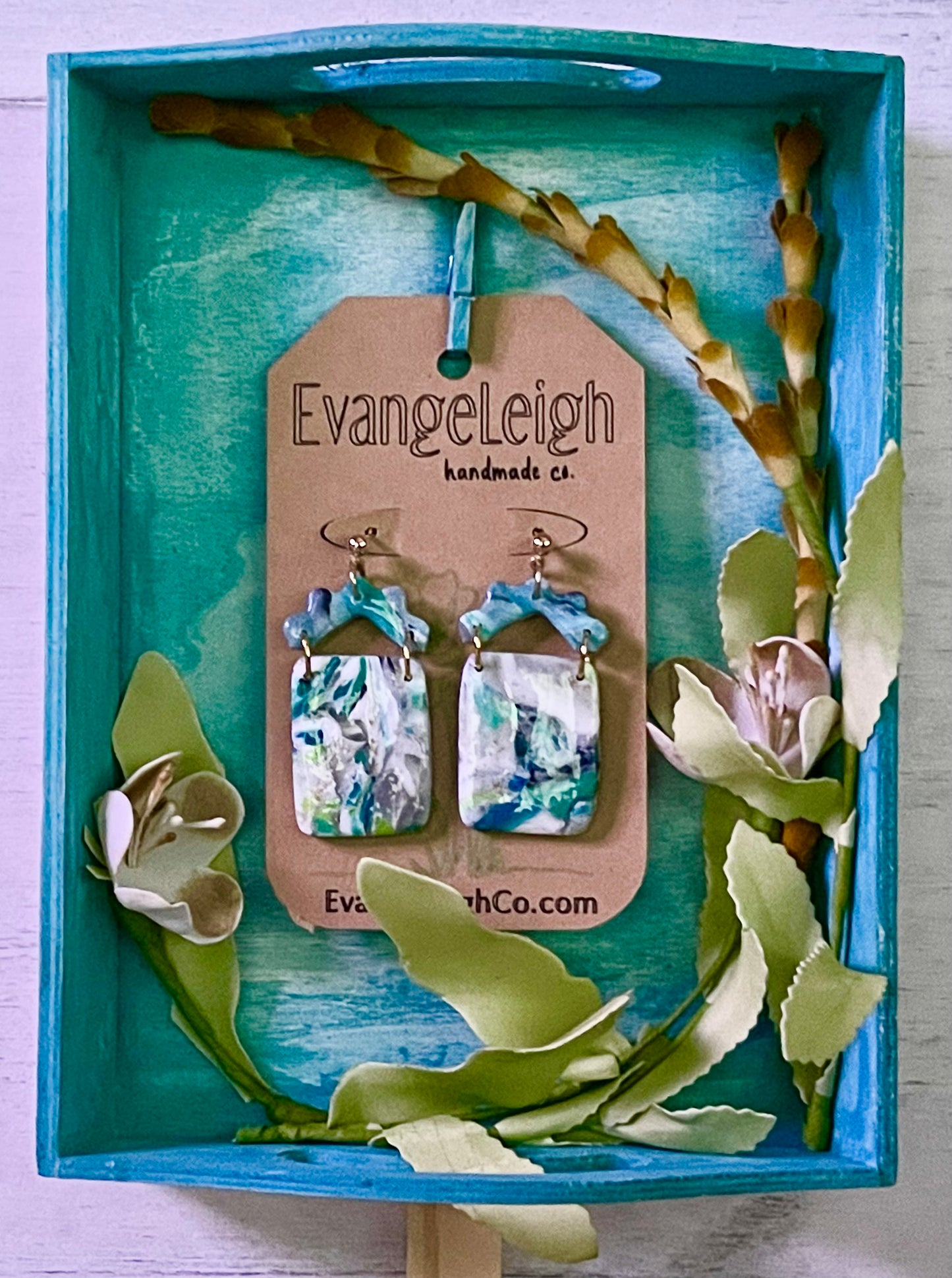 Blue Green Marble Crowned Rectangle Earrings - Unique Handmade Clay Statement Earrings