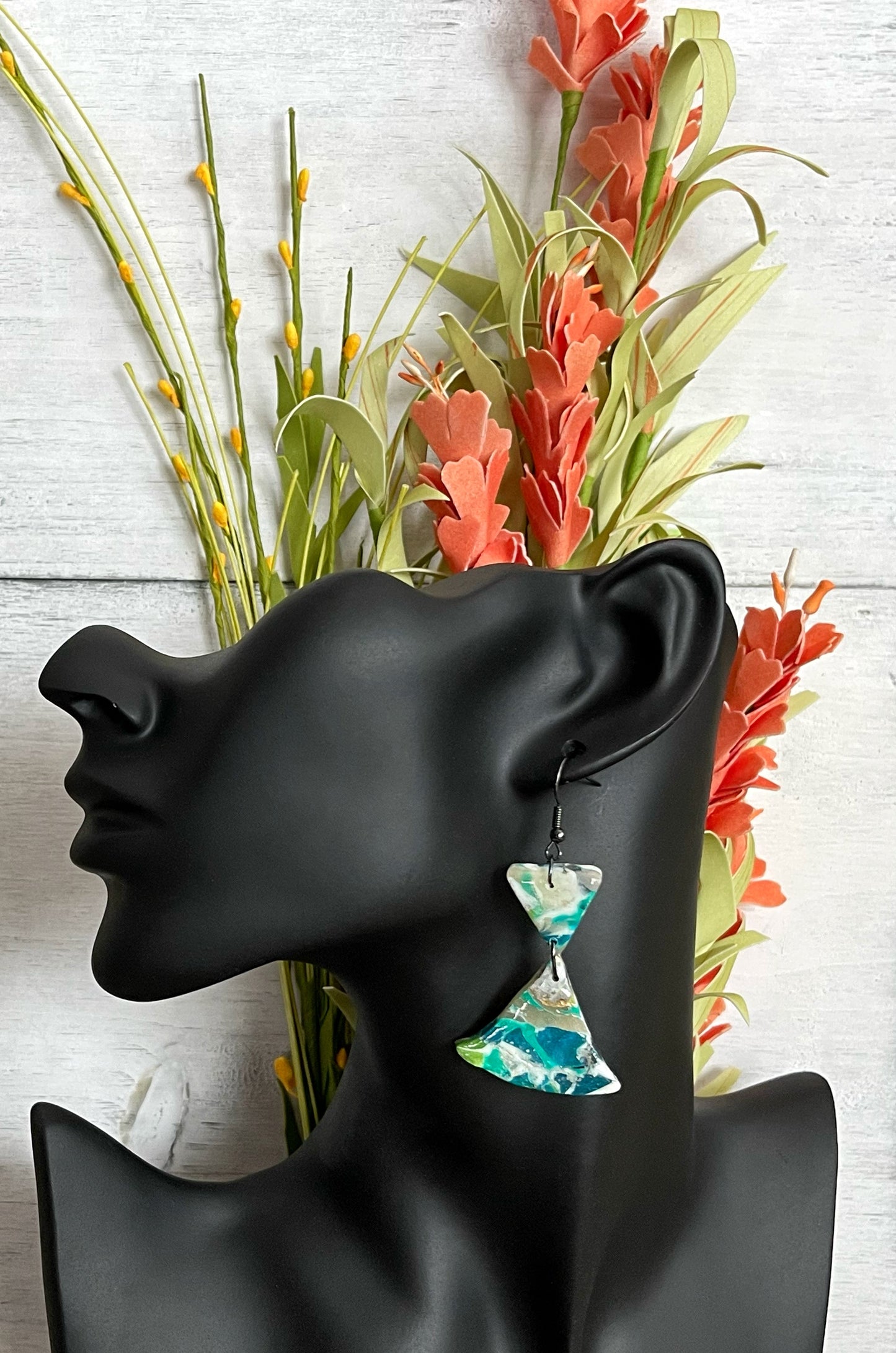 Blue Green Marble Triangle Earrings - Unique Handmade Clay Statement Earrings