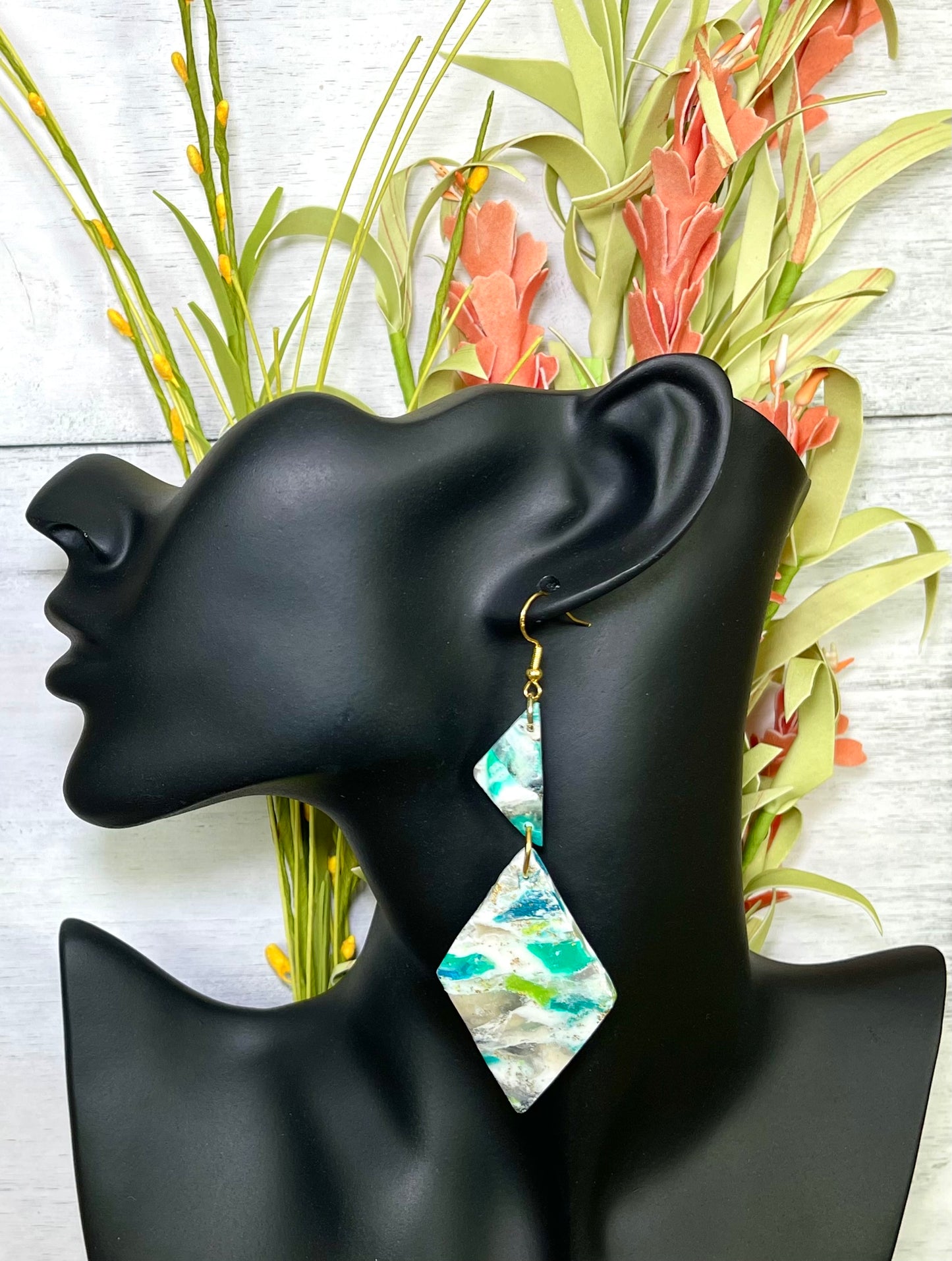 Blue Green Marble Triangle and Large Diamond Earrings - Unique Handmade Clay Statement Earrings