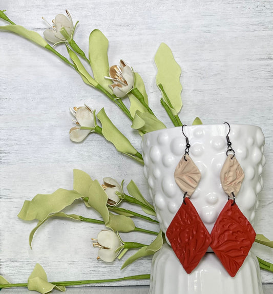 Tan and Red Faux Leather Floral Stamp Earrings with Black Hardware - Unique Handmade Clay Statement Earrings