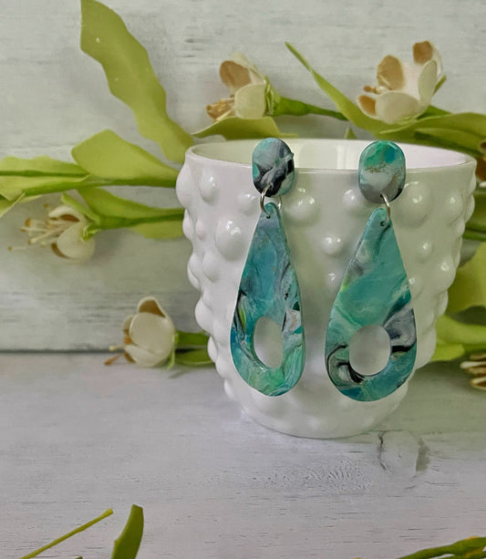 Blue Green Marble Large Cut-out Teardrop Earrings - Unique Handmade Clay Statement Earrings