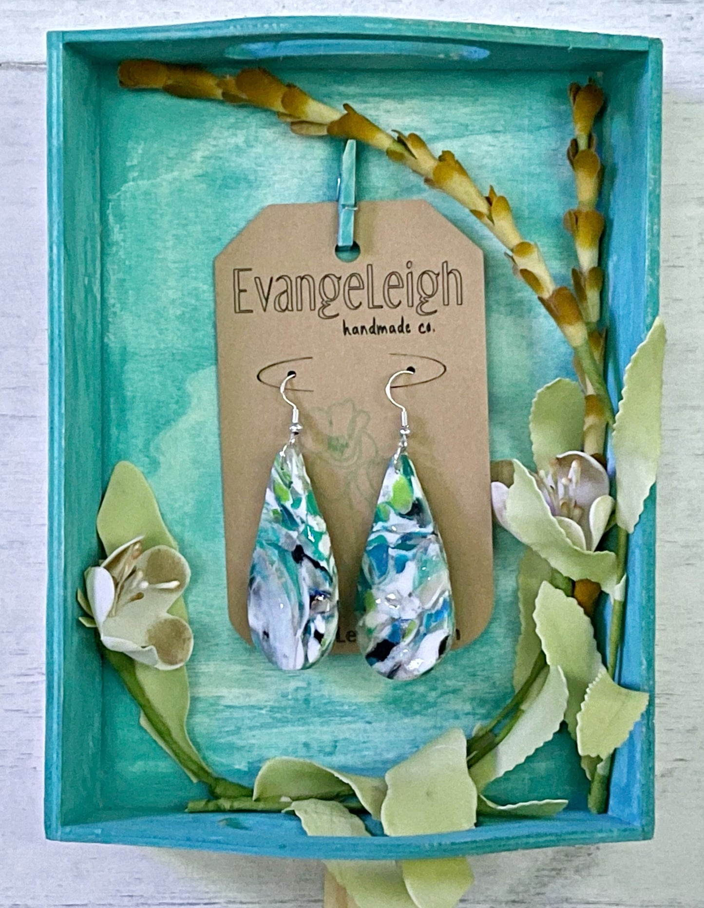 Blue Green Marble Large Teardrop Earrings - Unique Handmade Clay Statement Earrings