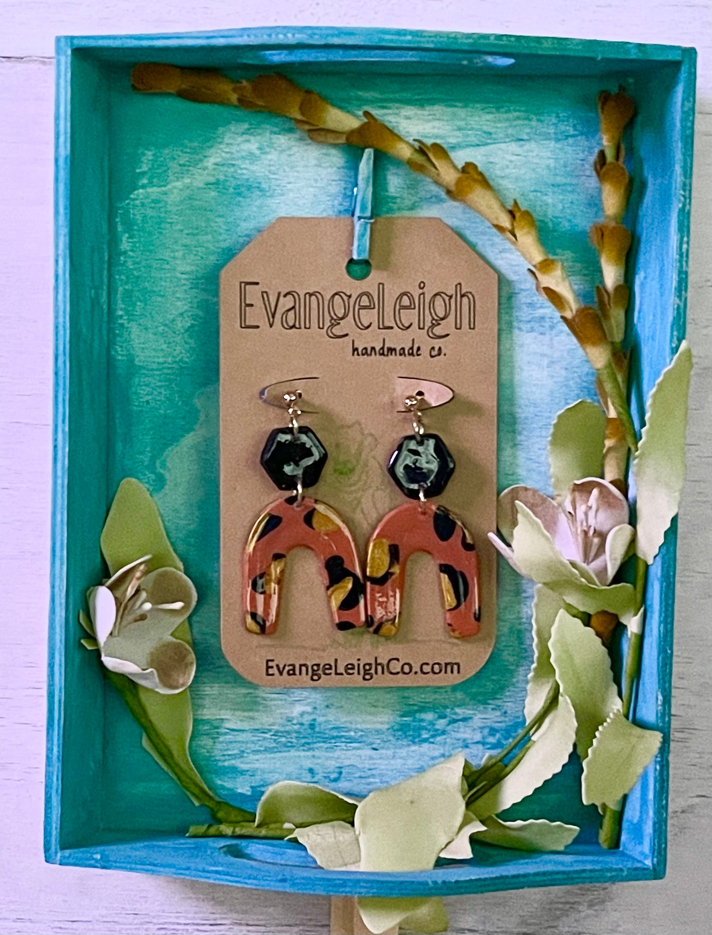 Leopard and Black Upside-down Arch Earrings - Unique Handmade Clay Statement Earrings