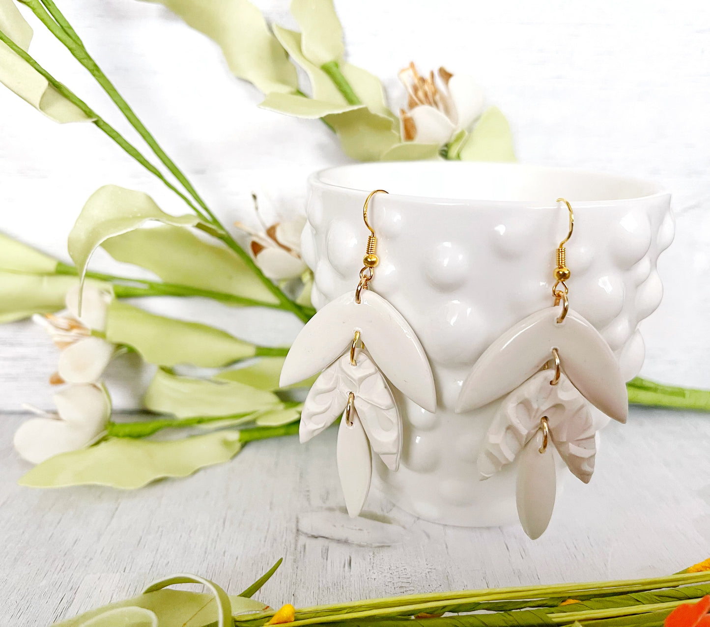 White 3-Tier Floral Design Earrings - Unique Handmade Clay Statement Earrings