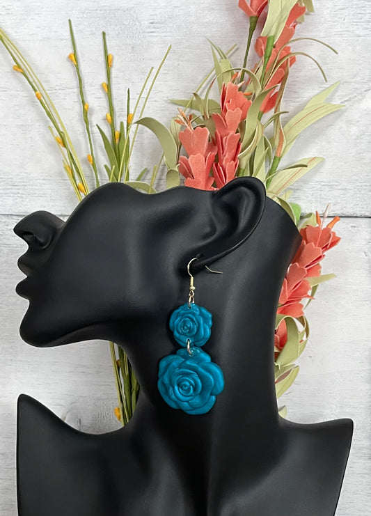 Two Tier Peacock Blue Rose Earrings - Unique Handmade Clay Statement Earrings