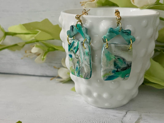 Blue Green Marble Crowned Rectangle Earrings - Unique Handmade Clay Statement Earrings
