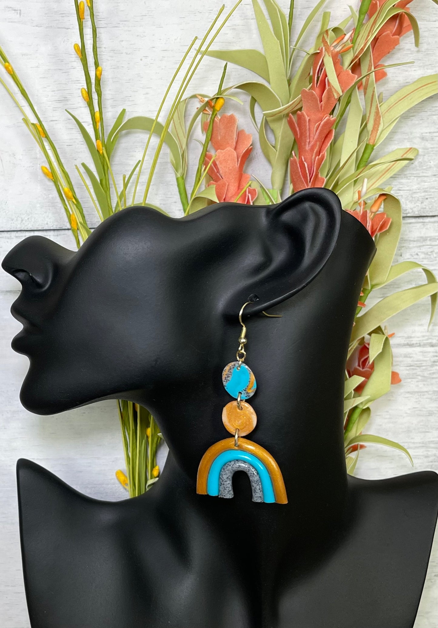 Gold, Blue, and Granite Rainbow Earrings - Unique Handmade Clay Statement Earrings