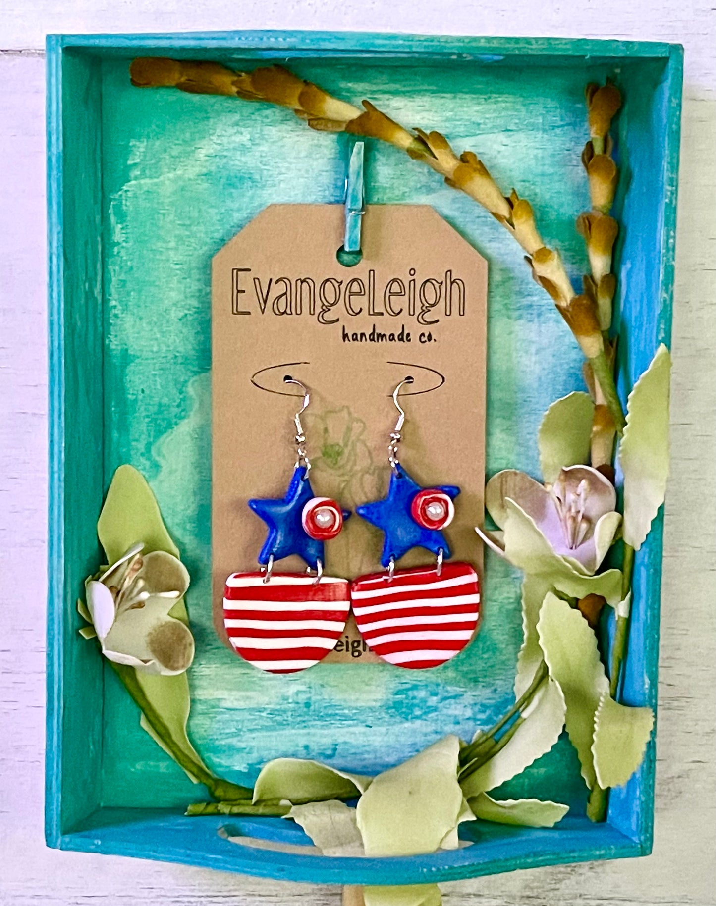 Red, White and Blue Star Earrings - Unique Handmade Clay Statement Earrings