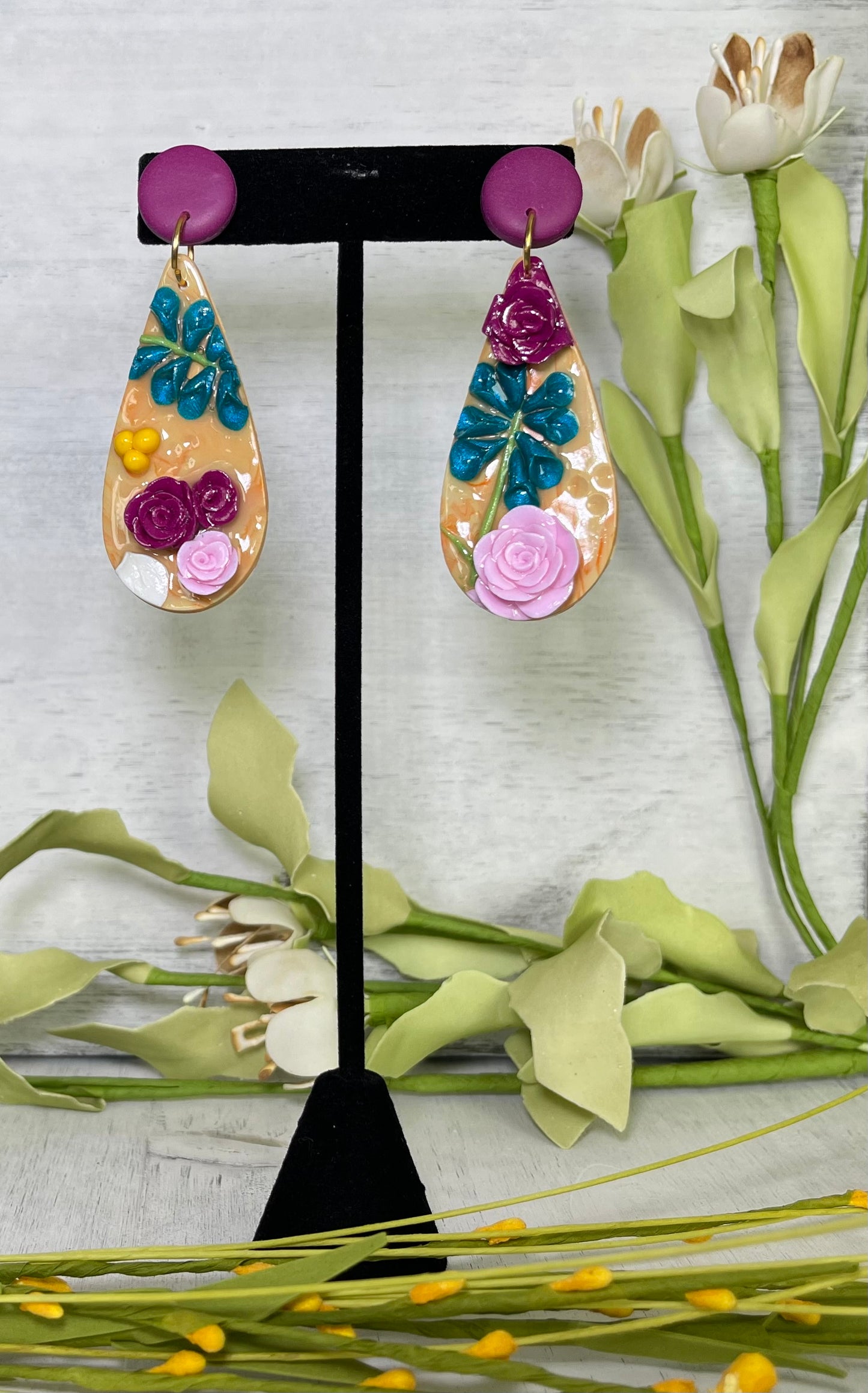 Large Teardrop Floral Earrings - Unique Handmade Clay Statement Earrings