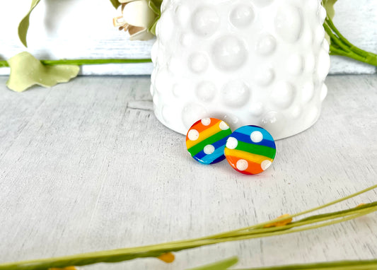 Over-sized Stud Rainbow and Polka Dot Circle Earrings - Unique Handmade Clay Statement Earrings