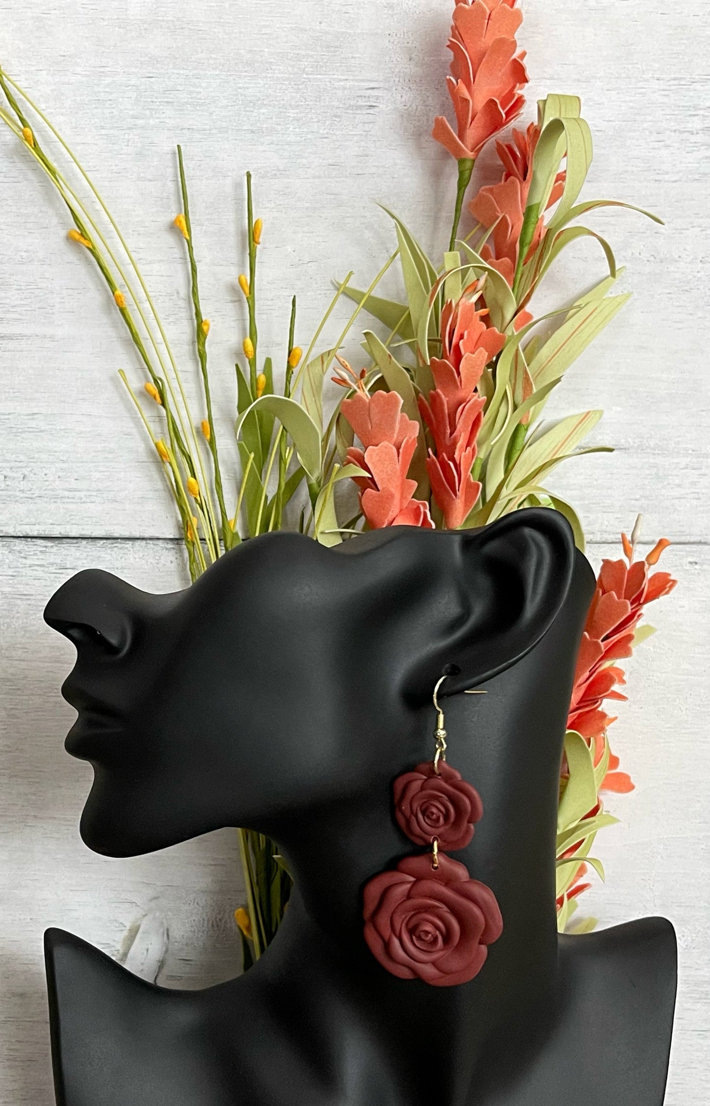 Two Tier Burgundy Rose Earrings - Unique Handmade Clay Statement Earrings