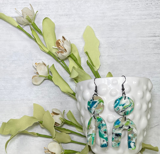 Blue Green Marble Arch and Circle Earrings - Unique Handmade Clay Statement Earrings
