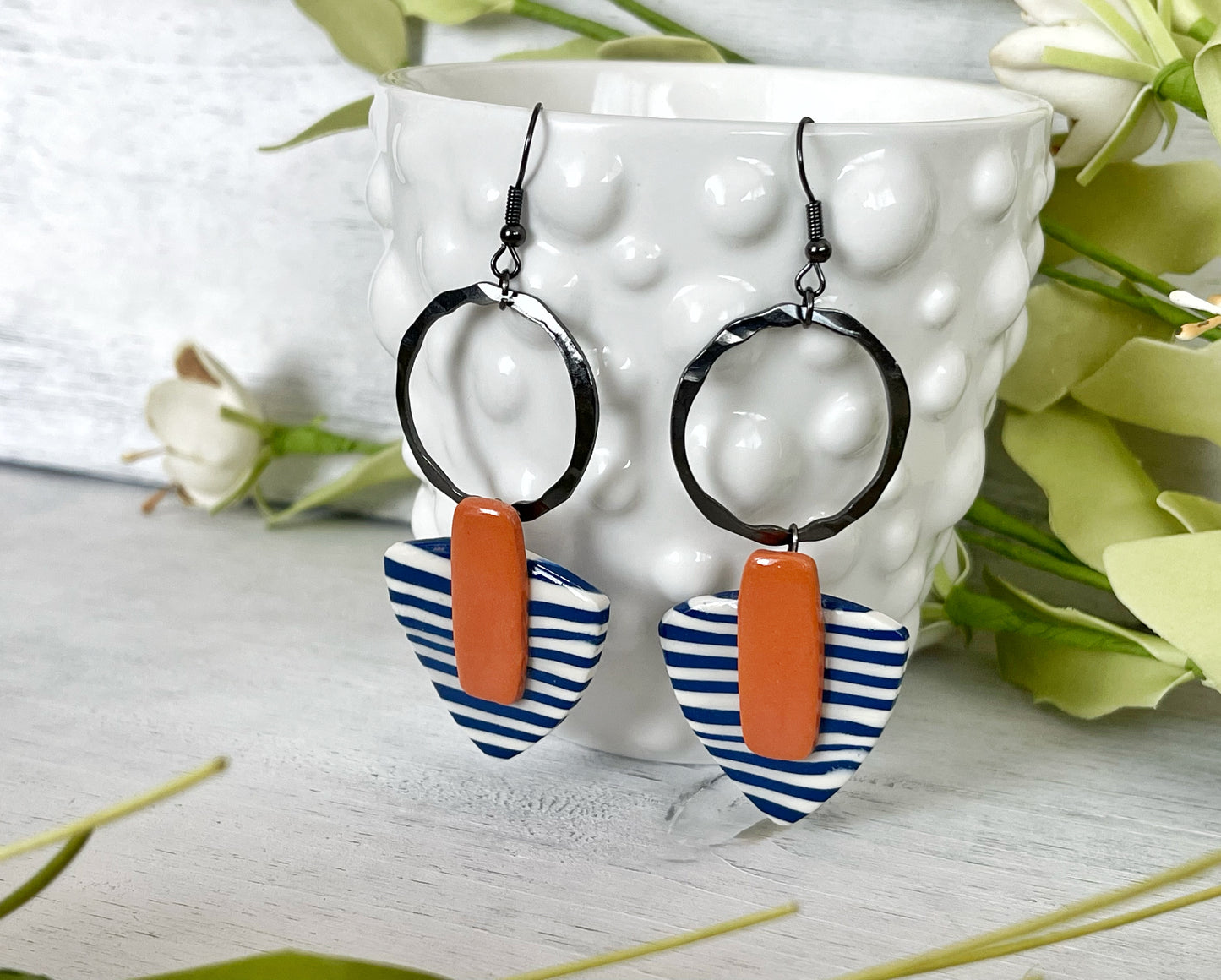 Blue and Orange Triangle Earrings with Black Hardware - Unique