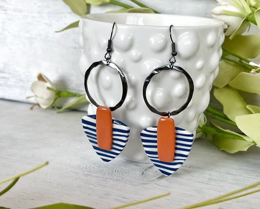 Blue and Orange Triangle Earrings with Black Hardware - Unique Handmade Clay Statement Earrings