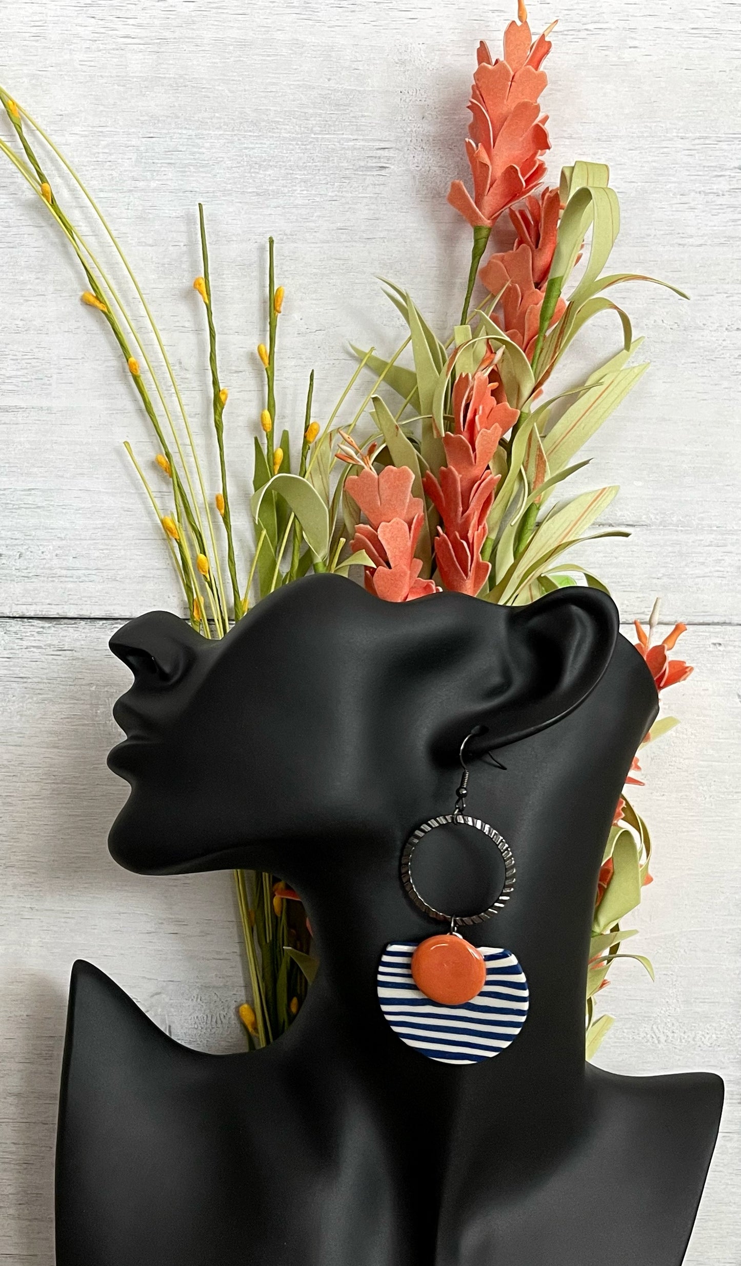 Blue and Orange Semi-Circle Earrings with Black Hardware - Unique Handmade Clay Statement Earrings