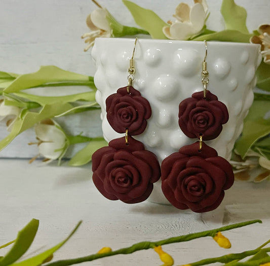 Two Tier Burgundy Rose Earrings - Unique Handmade Clay Statement Earrings
