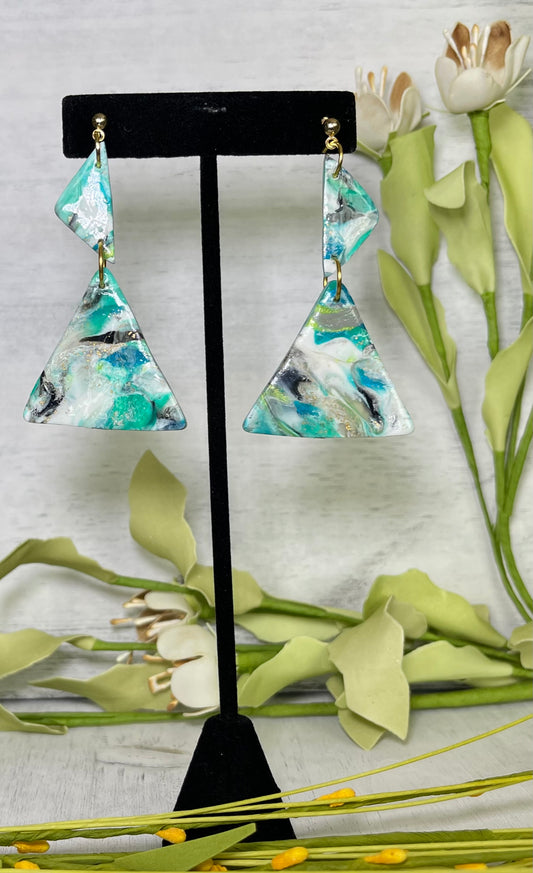 Blue Green Marble Double Triangles Earrings - Unique Handmade Clay Statement Earrings