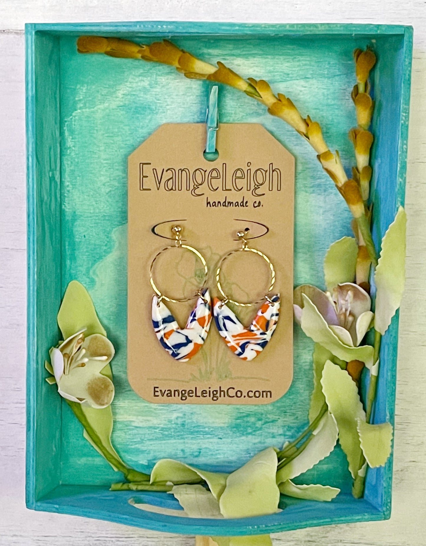 Blue and Orange V Earrings with Twisted Metal - Unique Handmade Clay Statement Earrings