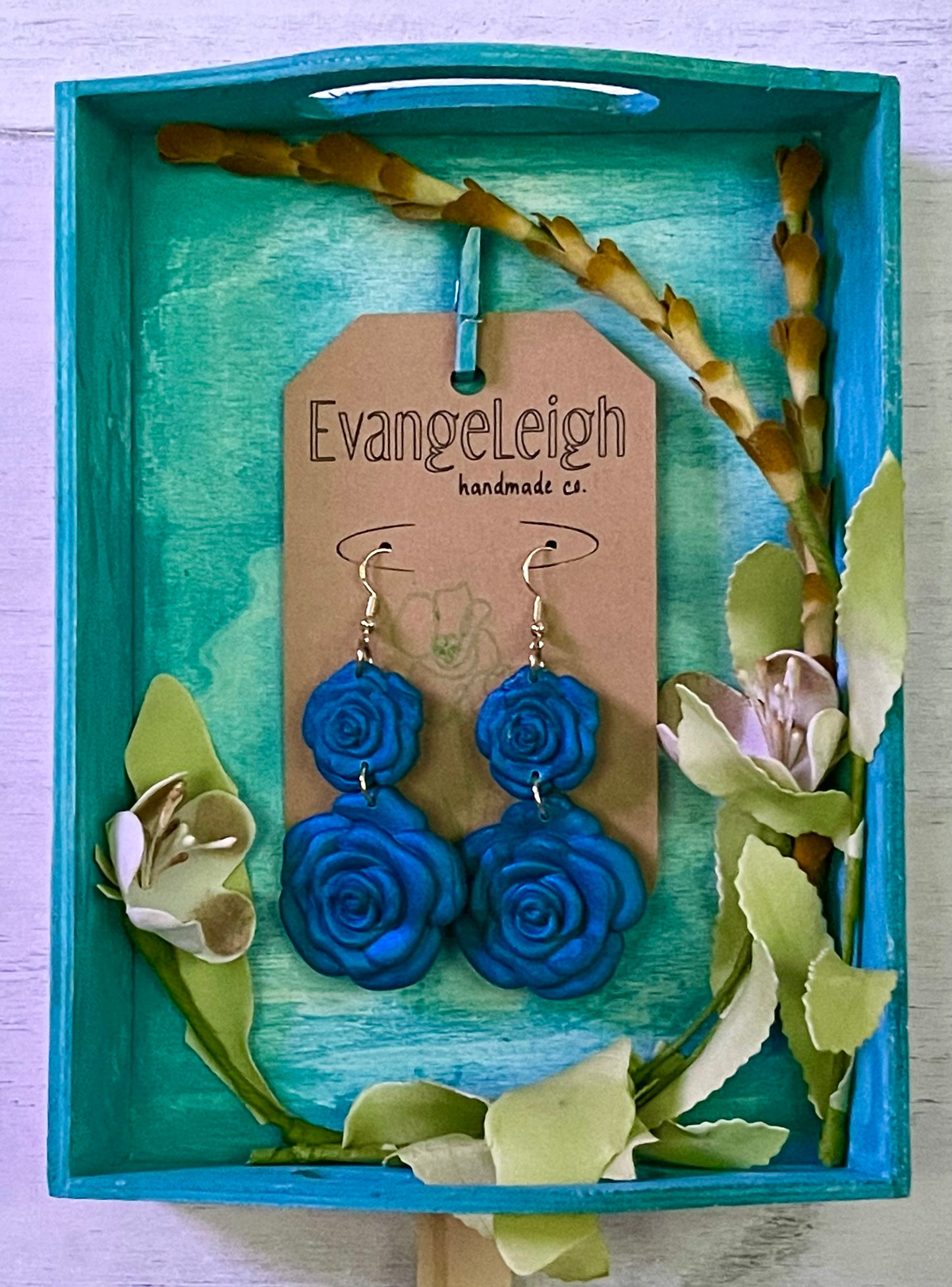 Two Tier Peacock Blue Rose Earrings - Unique Handmade Clay Statement Earrings