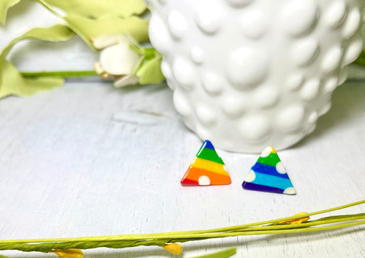 Over-sized Stud Rainbow and Polka Dot Triangle Earrings - Unique Handmade Clay Statement Earrings