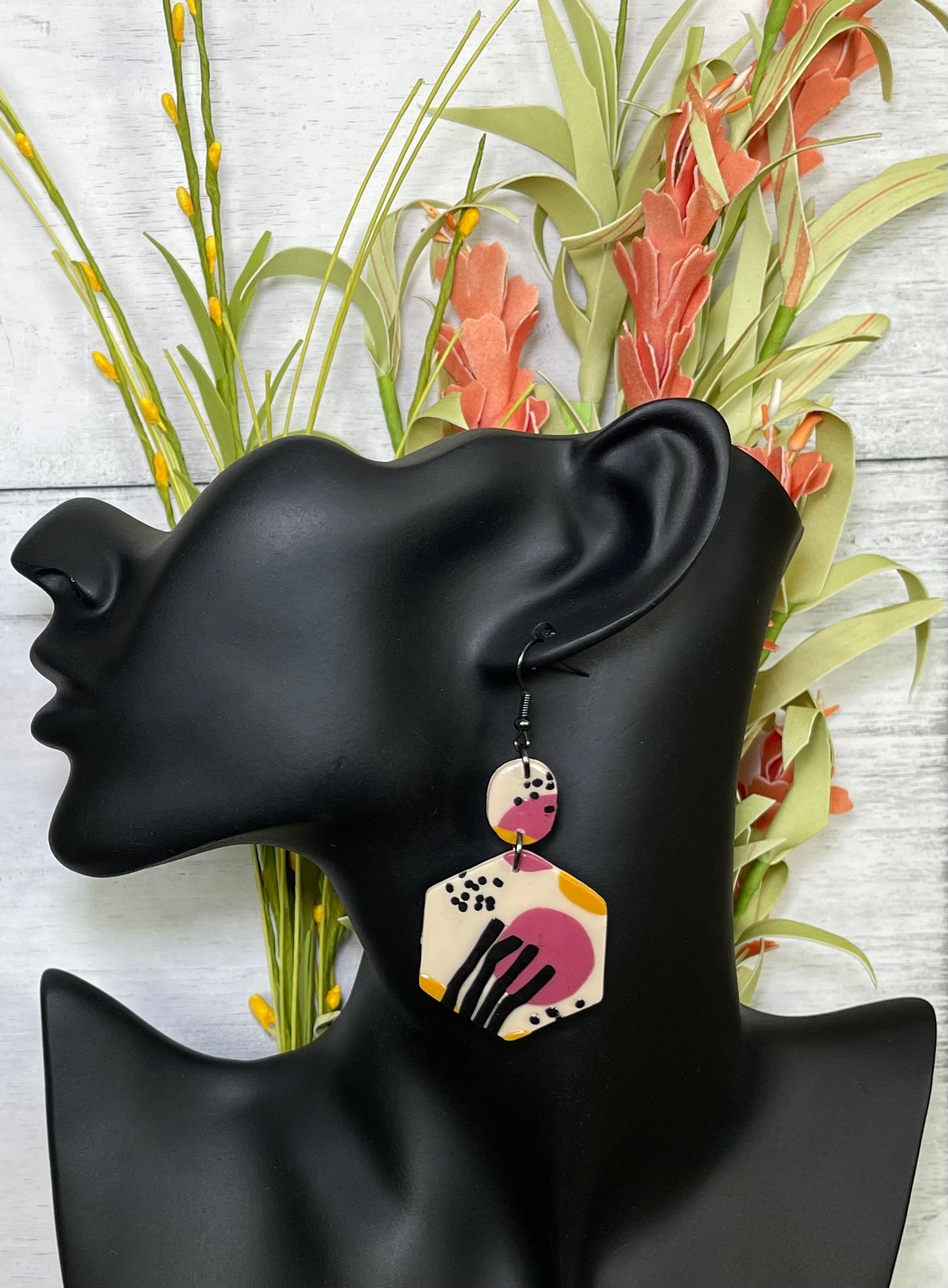 Retro Spots and Stripes Earrings with Black Hardware - Unique Handmade Clay Statement Earrings