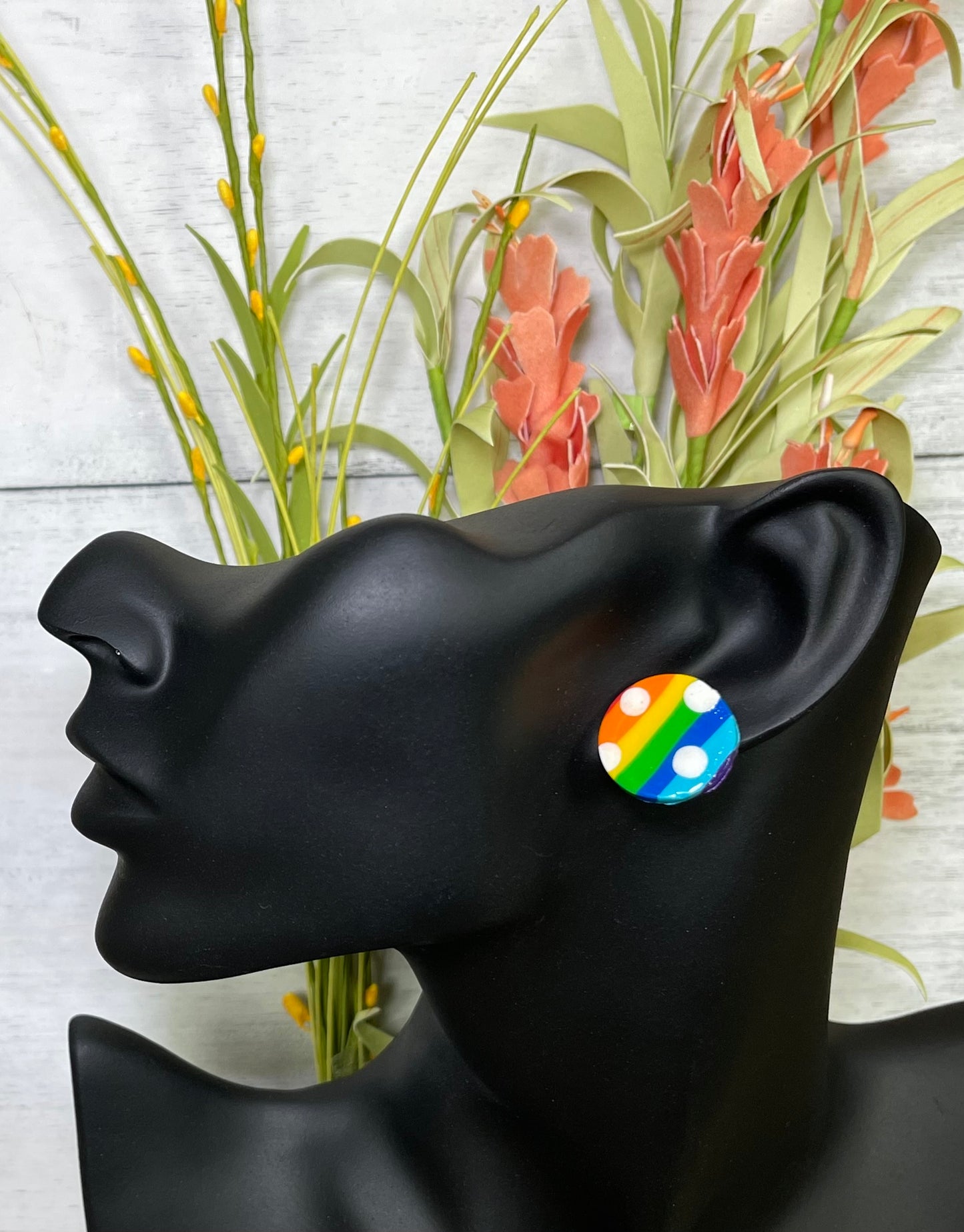 Over-sized Stud Rainbow and Polka Dot Circle Earrings - Unique Handmade Clay Statement Earrings