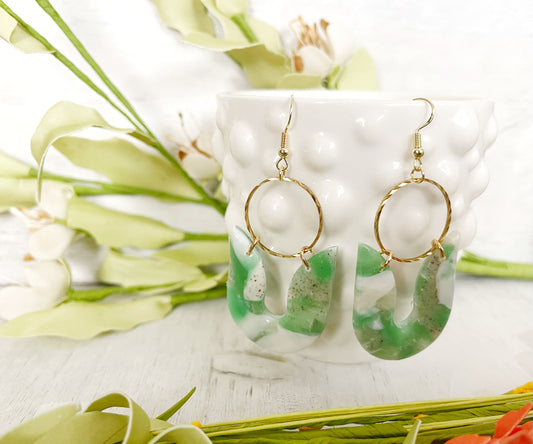 Blue Green Marble Upside-Down Arch Earrings with Twisted Metal - Unique Handmade Clay Statement Earrings