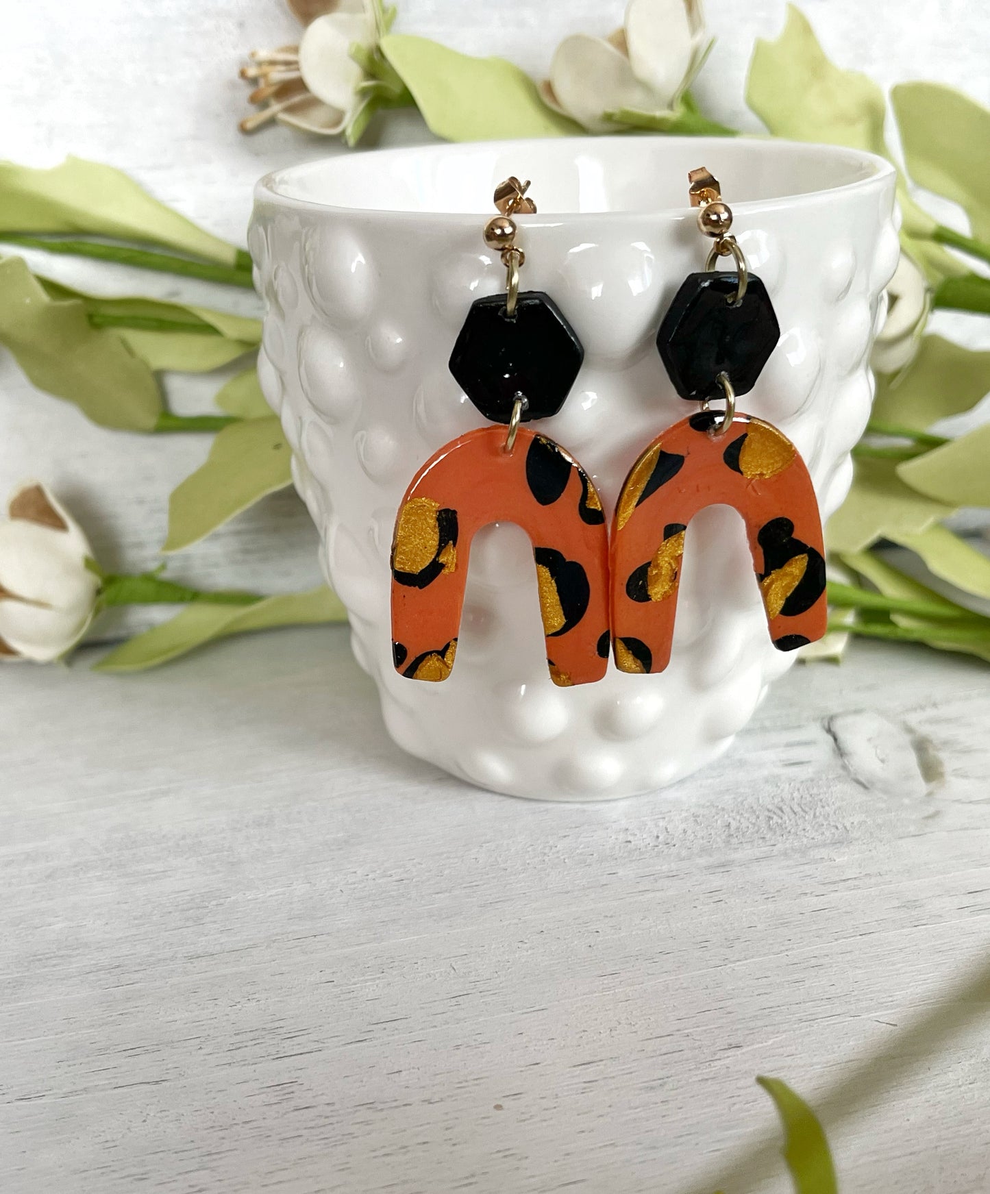 Leopard and Black Upside-down Arch Earrings - Unique Handmade Clay Statement Earrings