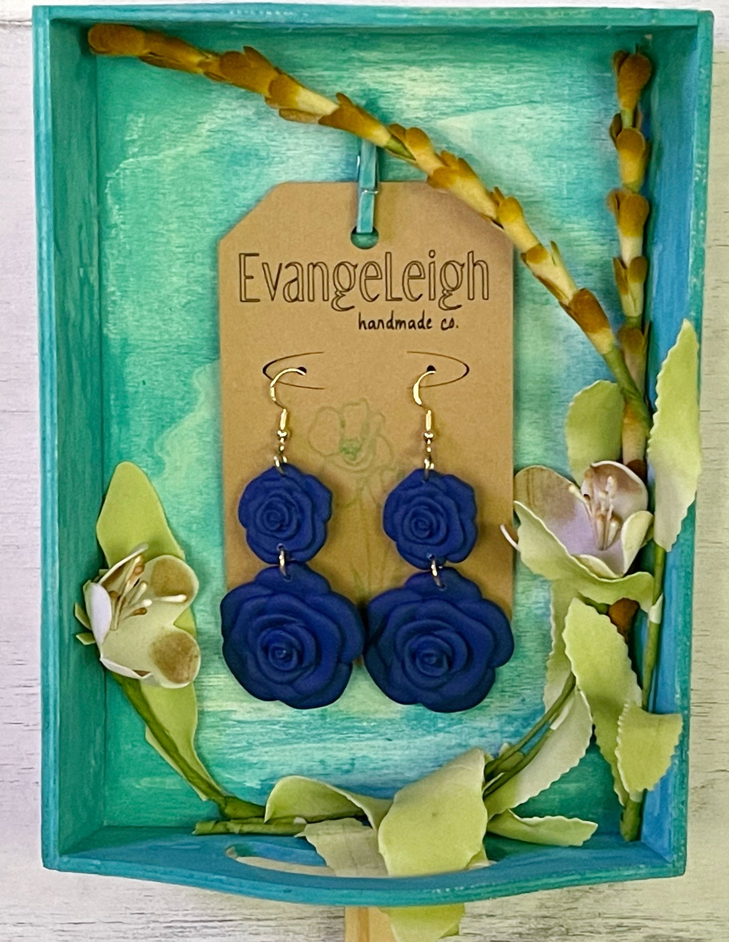 Two Tier Dark Blue Rose Earrings - Unique Handmade Clay Statement Earrings