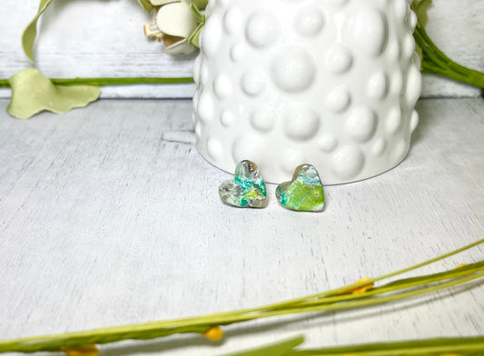 Over-sized Stud Blue Green Marble Heart Earrings - Unique Handmade Clay Statement Earrings