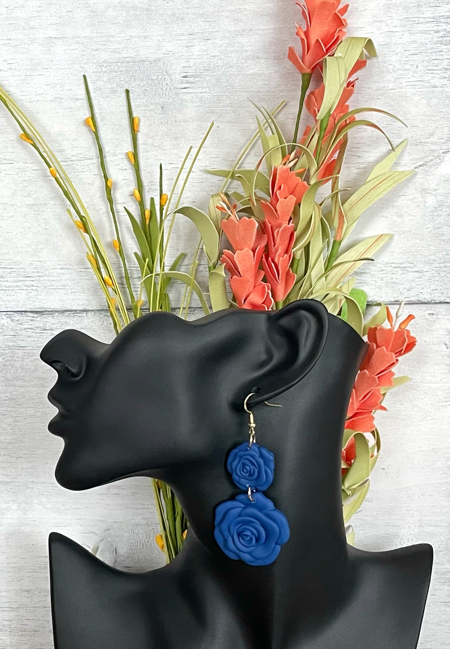 Two Tier Dark Blue Rose Earrings - Unique Handmade Clay Statement Earrings