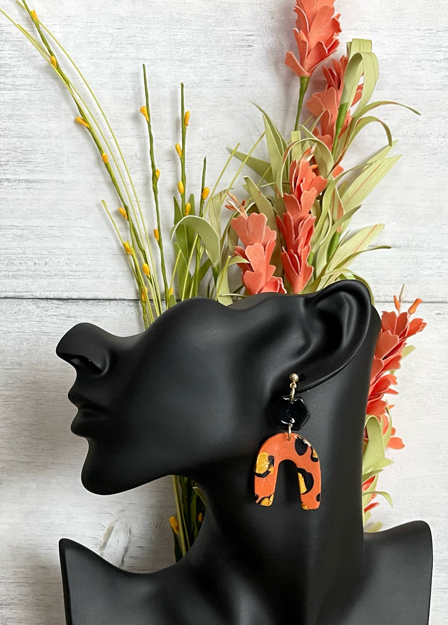 Leopard and Black Upside-down Arch Earrings - Unique Handmade Clay Statement Earrings