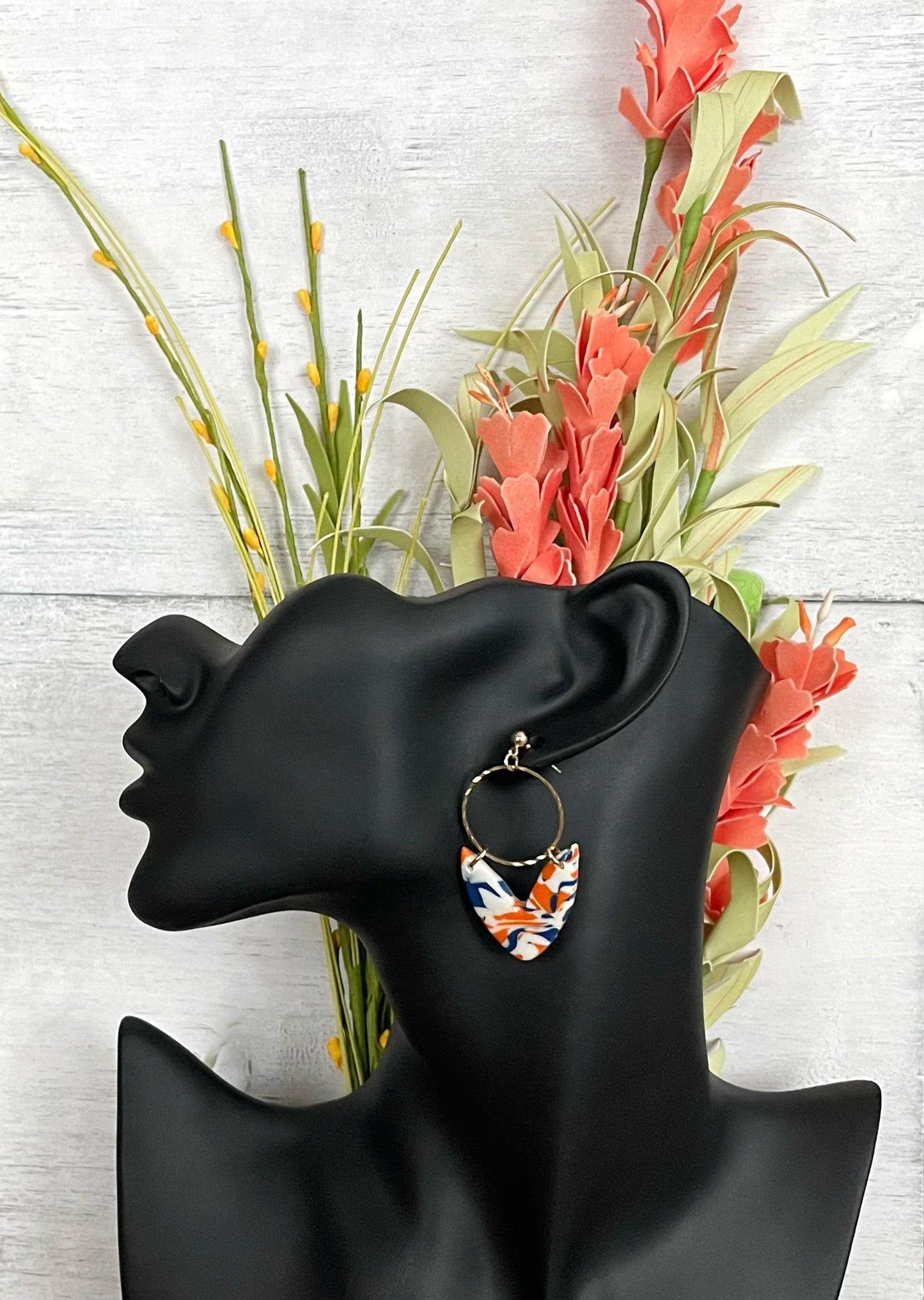 Blue and Orange V Earrings with Twisted Metal - Unique Handmade Clay Statement Earrings