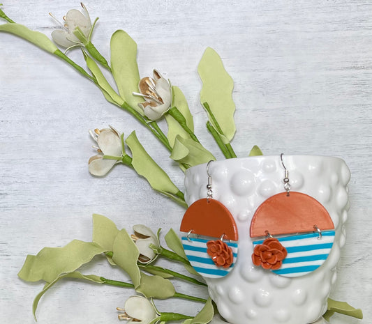 Burnt Orange and Striped Circle Earrings with Flower - Unique Handmade Clay Statement Earrings