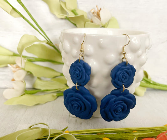 Two Tier Dark Blue Rose Earrings - Unique Handmade Clay Statement Earrings