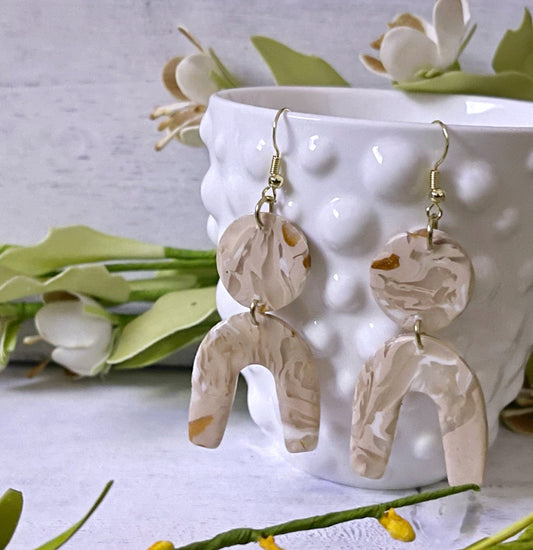 Taupe and White Marble Arch Earrings - Unique Handmade Clay Statement Earrings