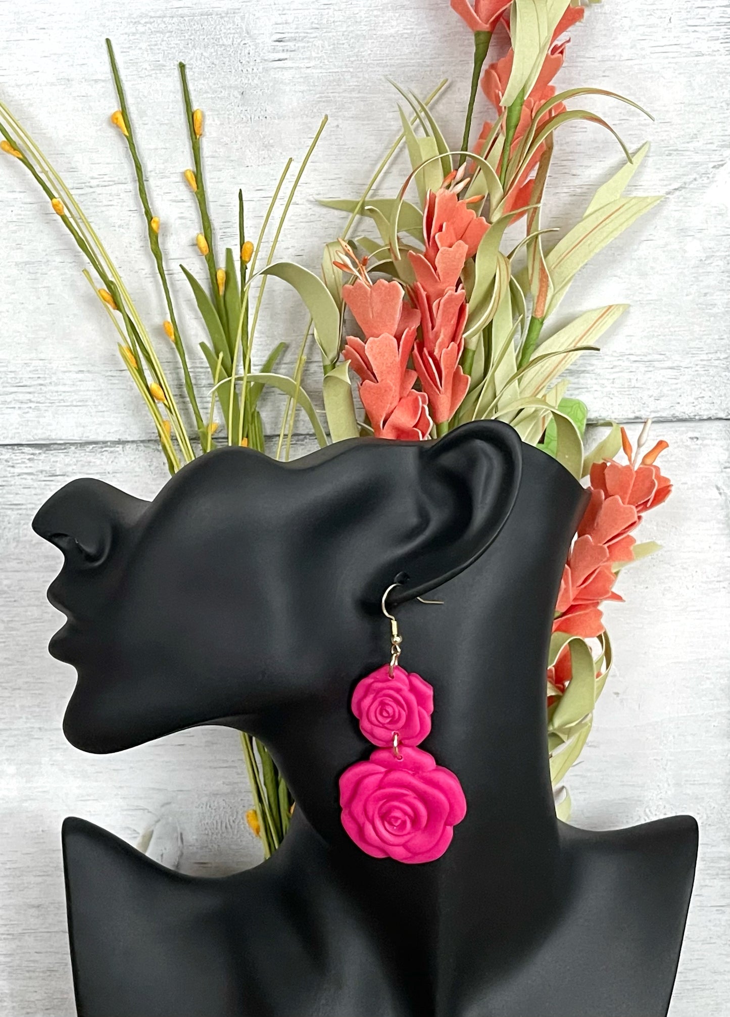 Two Tier Pink Rose Earrings - Unique Handmade Clay Statement Earrings