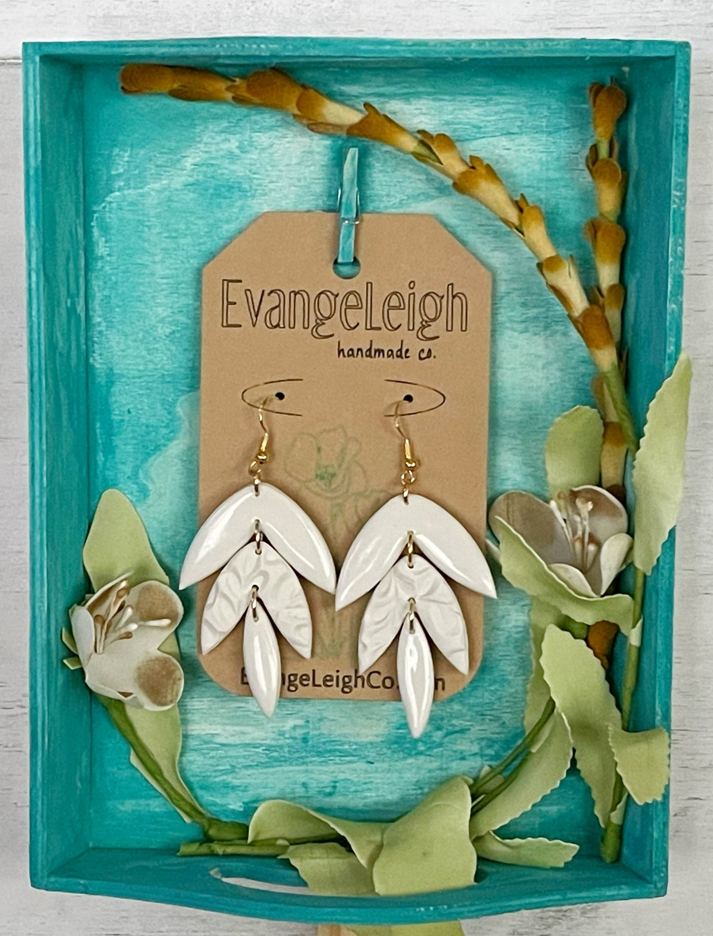 White 3-Tier Floral Design Earrings - Unique Handmade Clay Statement Earrings