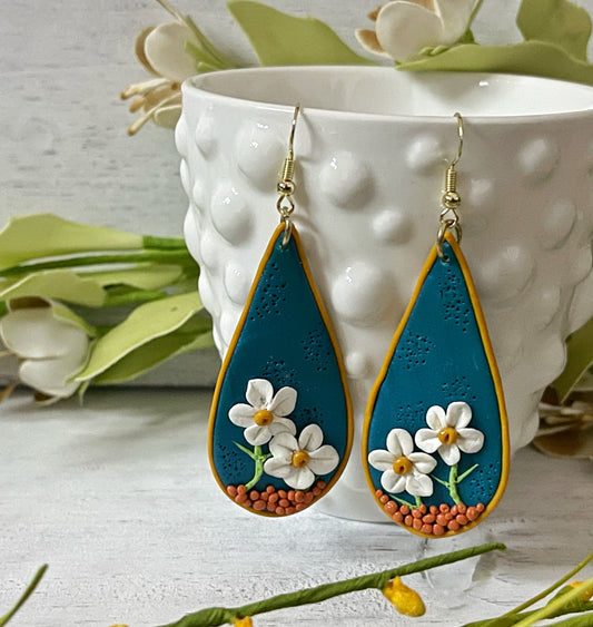 Peacock Blue Large Teardrop and Floral Earrings - Unique Handmade Clay Statement Earrings