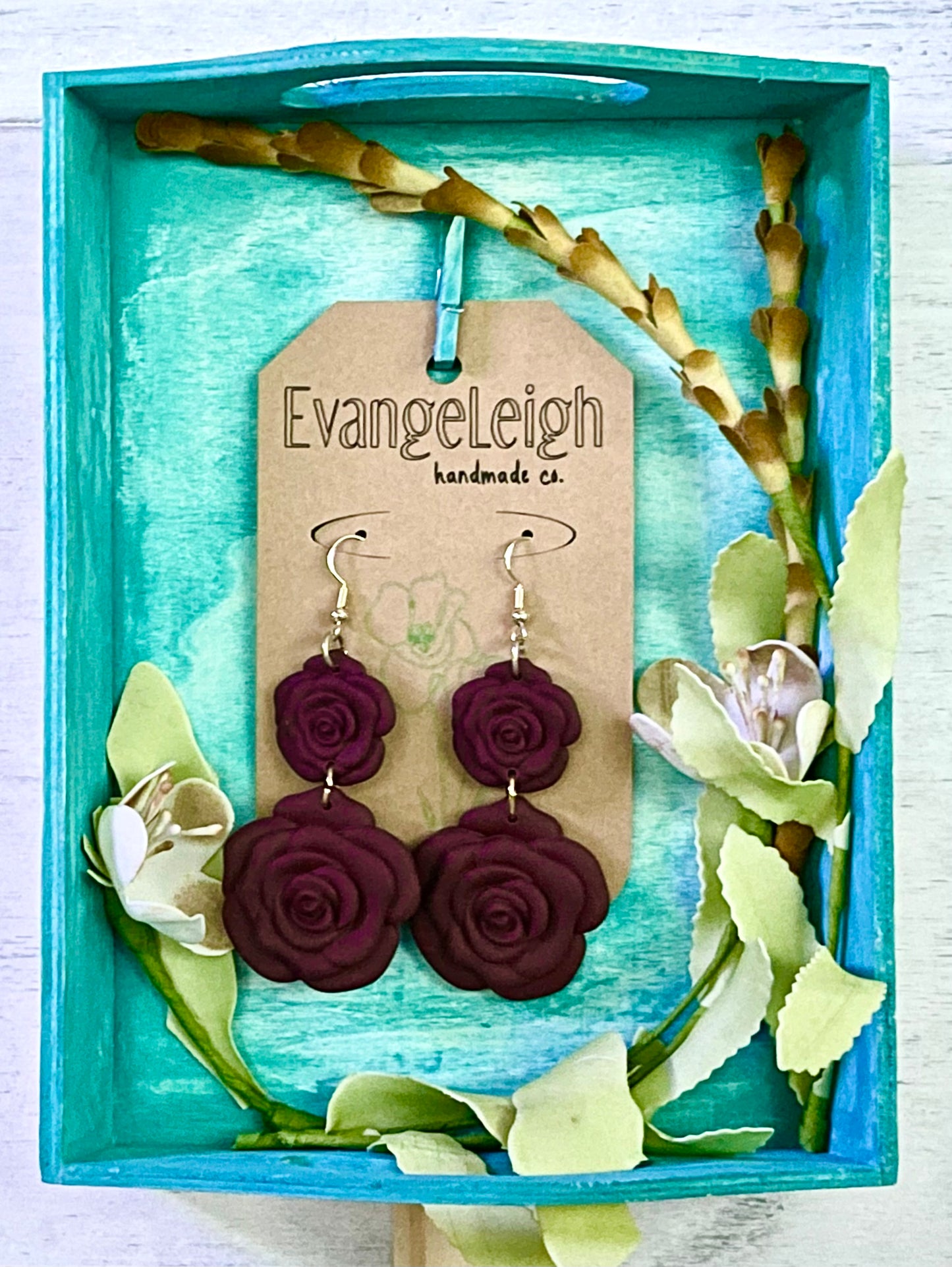 Two Tier Burgundy Rose Earrings - Unique Handmade Clay Statement Earrings